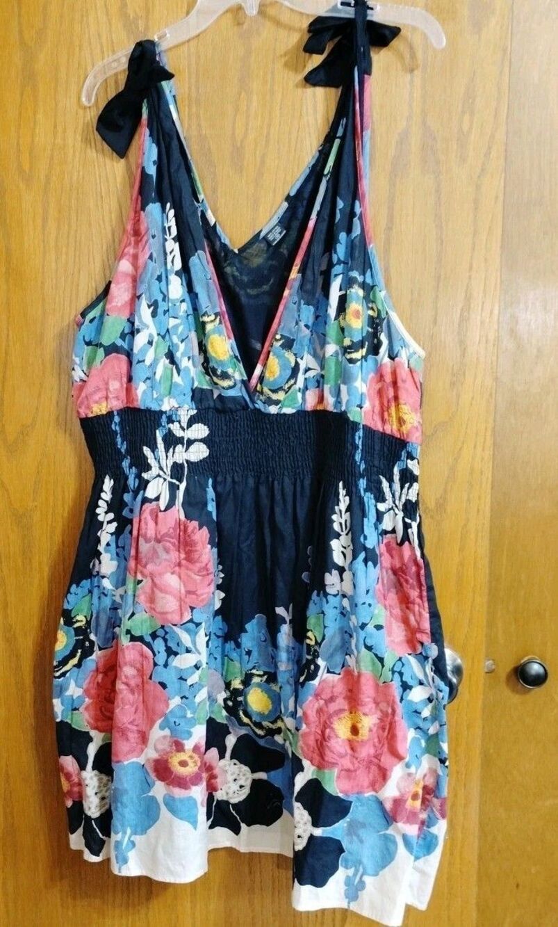 Angie Dress Sz 3X Short Multicolor Floral V-Neck Tie Straps Swimsuit Cover Lined